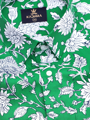 Paris Green With Floral Printed Premium Cotton Shirt