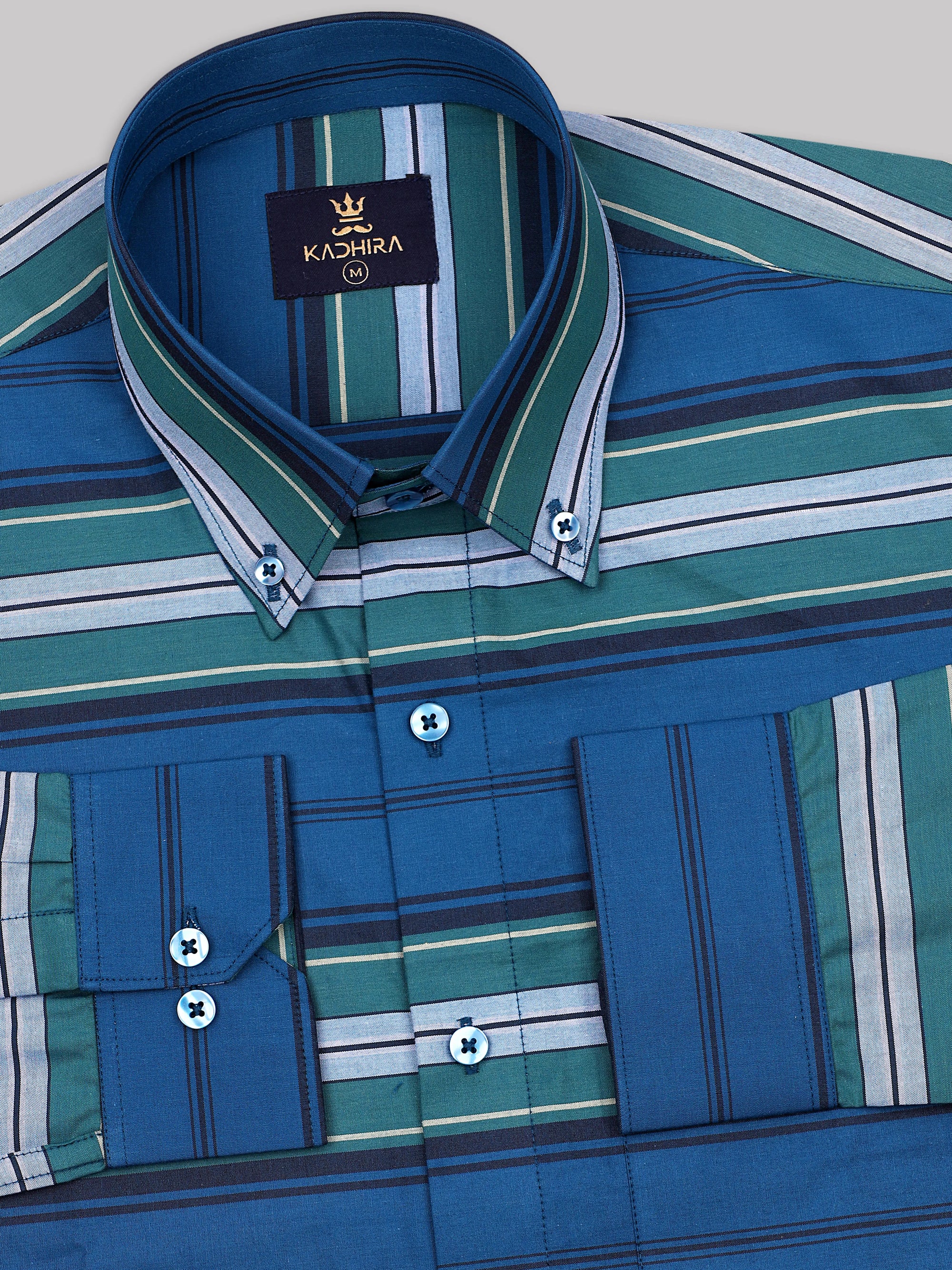 Duck Blue With Green Awning Stripes Premium Cotton Shirt
