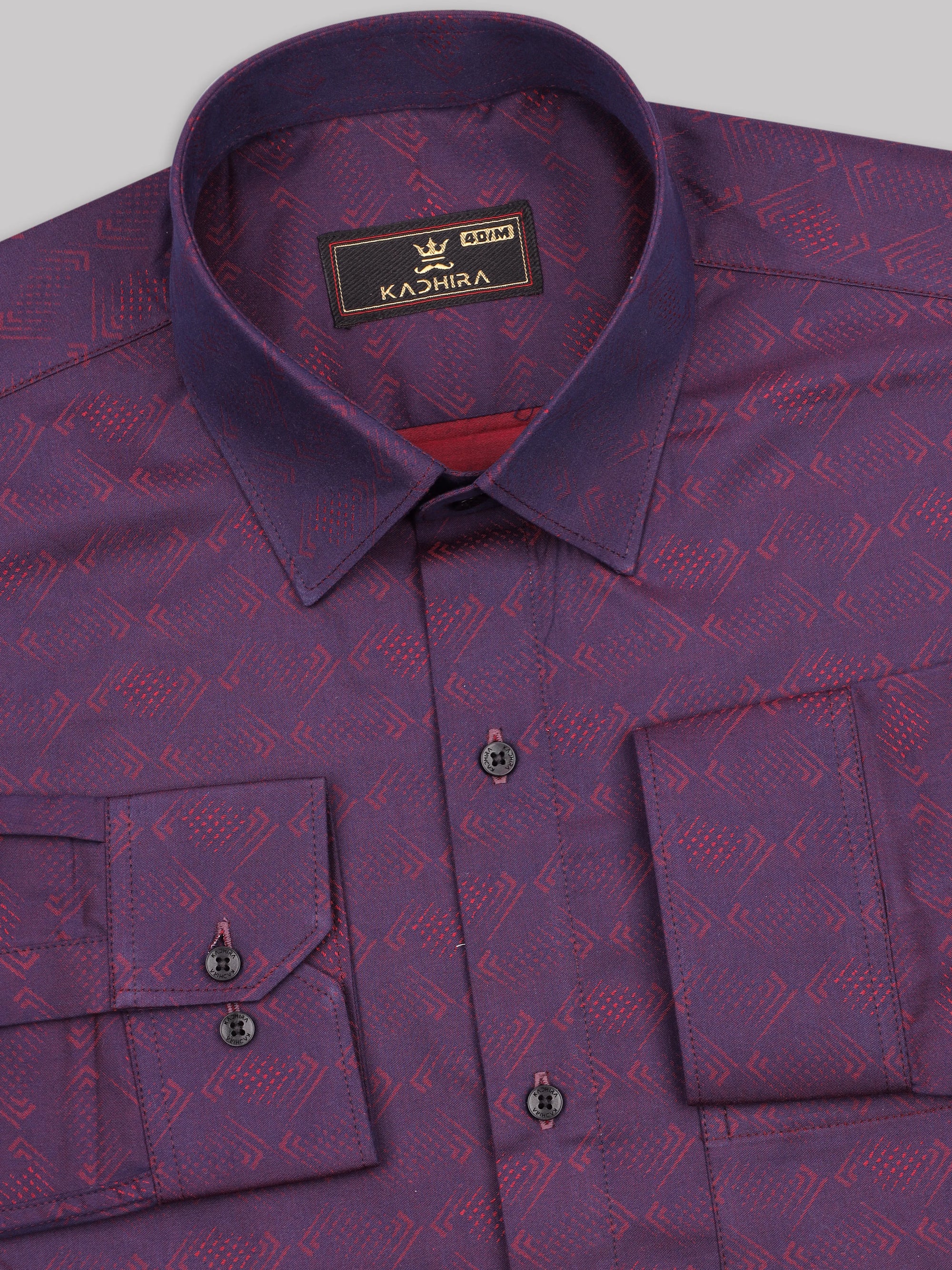 Plum Purple With Red Dobby Textured Jacquard Cotton Shirt