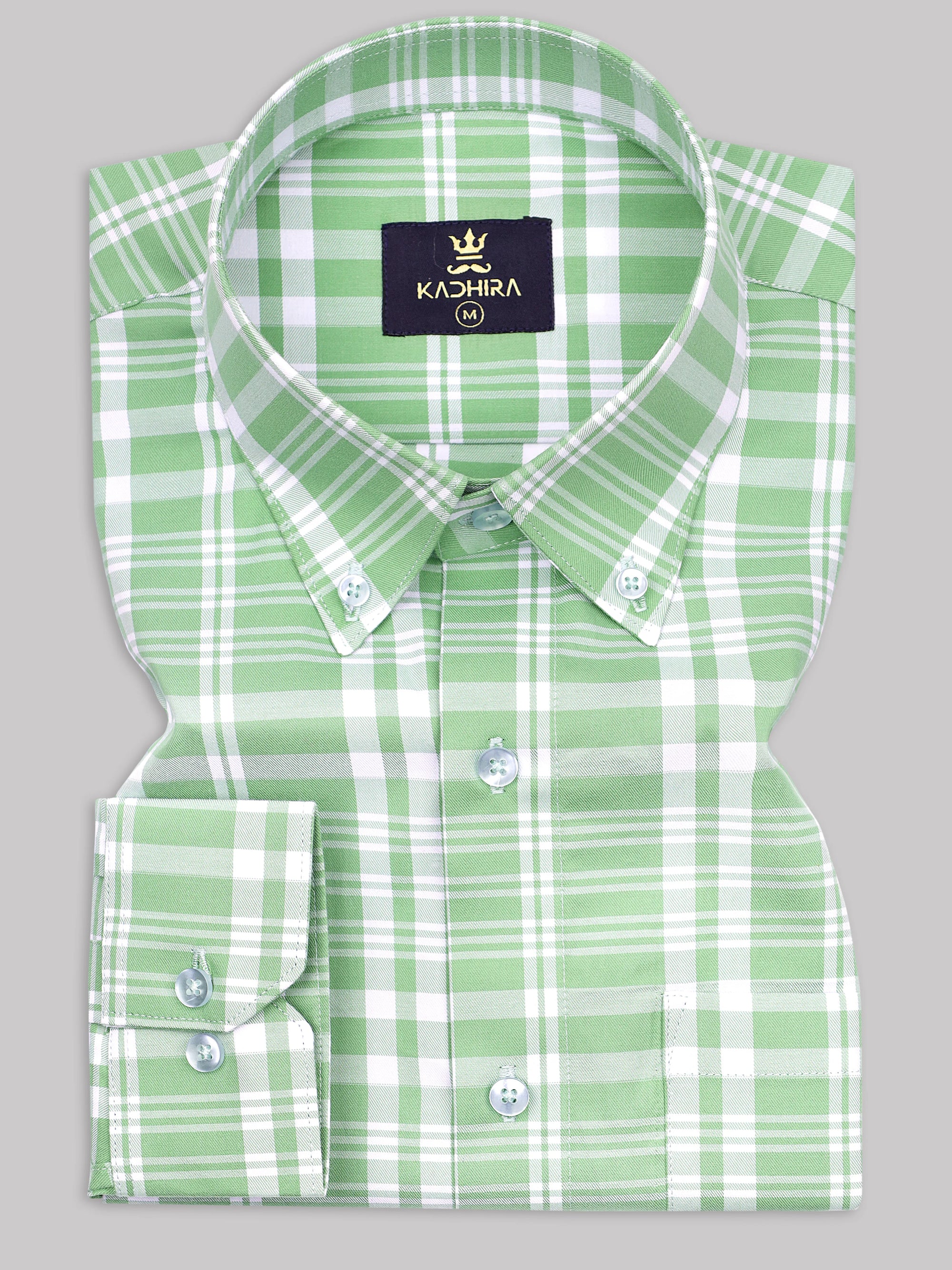 Tea Green With White Checkered Premium Cotton Shirt-[ON SALE]