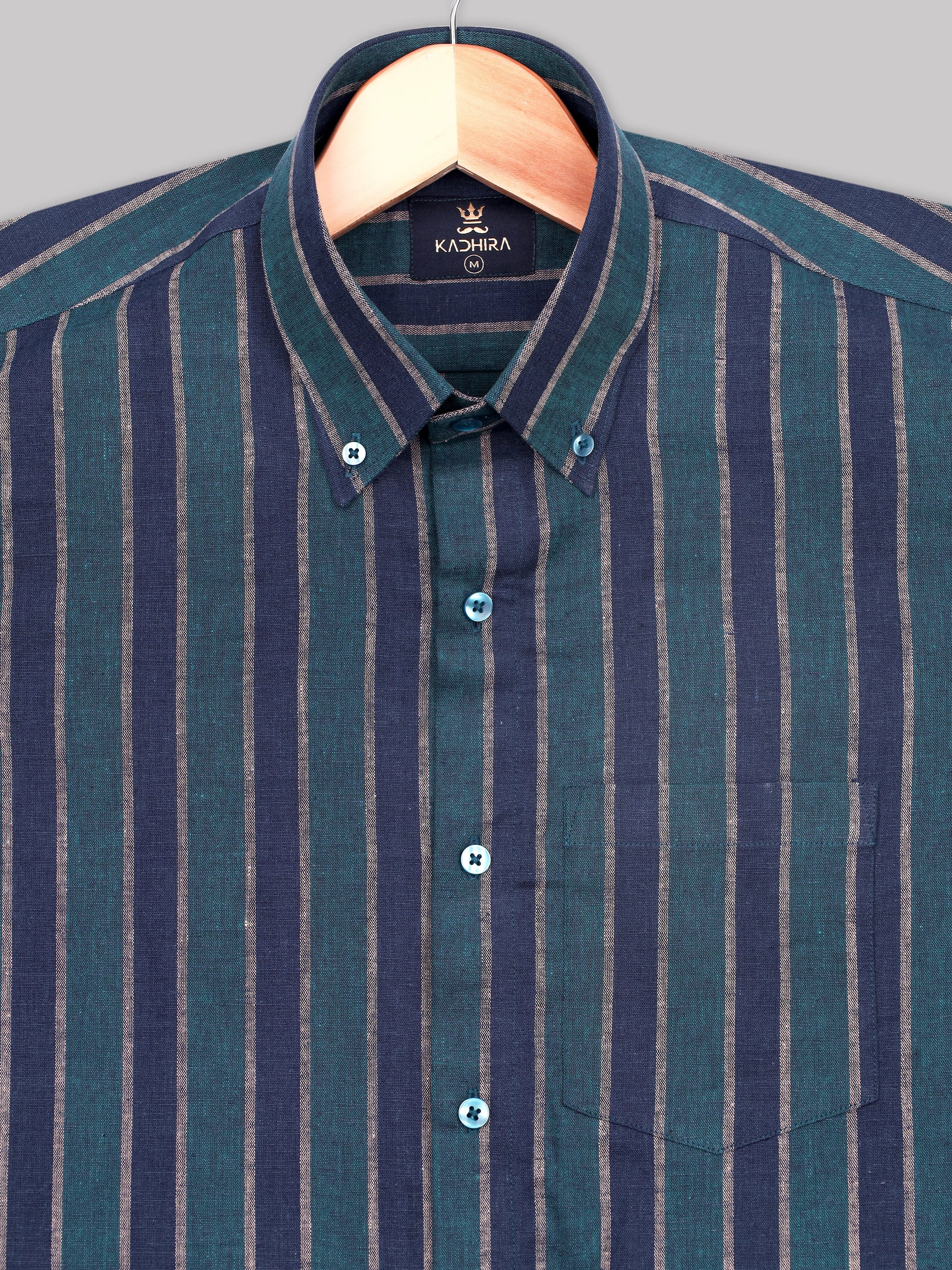 Admiral Blue With Green Stripe Premium Cotton Shirt-[ON SALE]