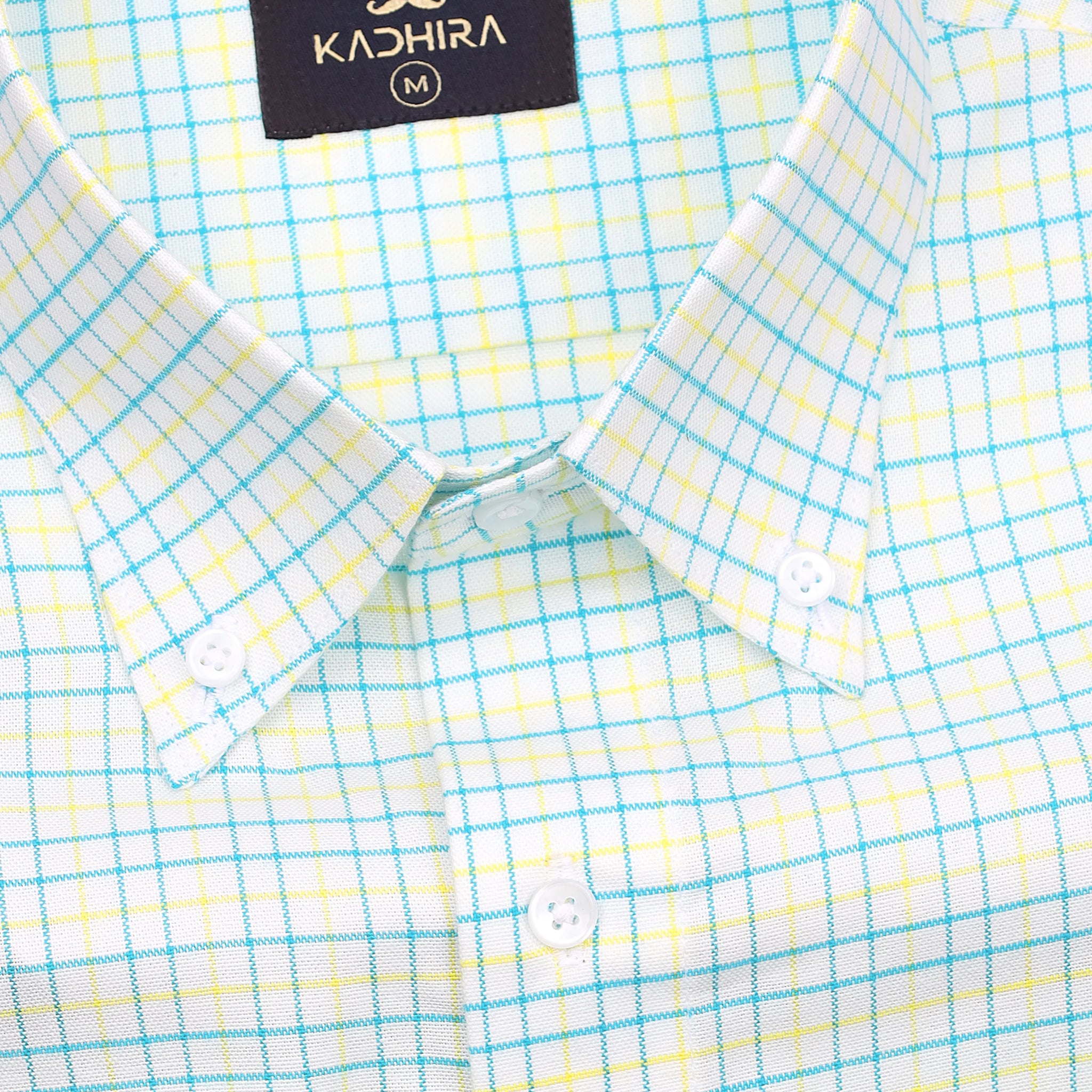 Pacific Blue  With Yellow Tattersall Checks  Premium White Cotton Shirt