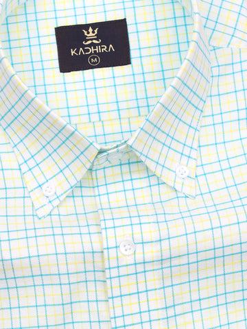 Pacific Blue  With Yellow Tattersall Checks  Premium White Cotton Shirt