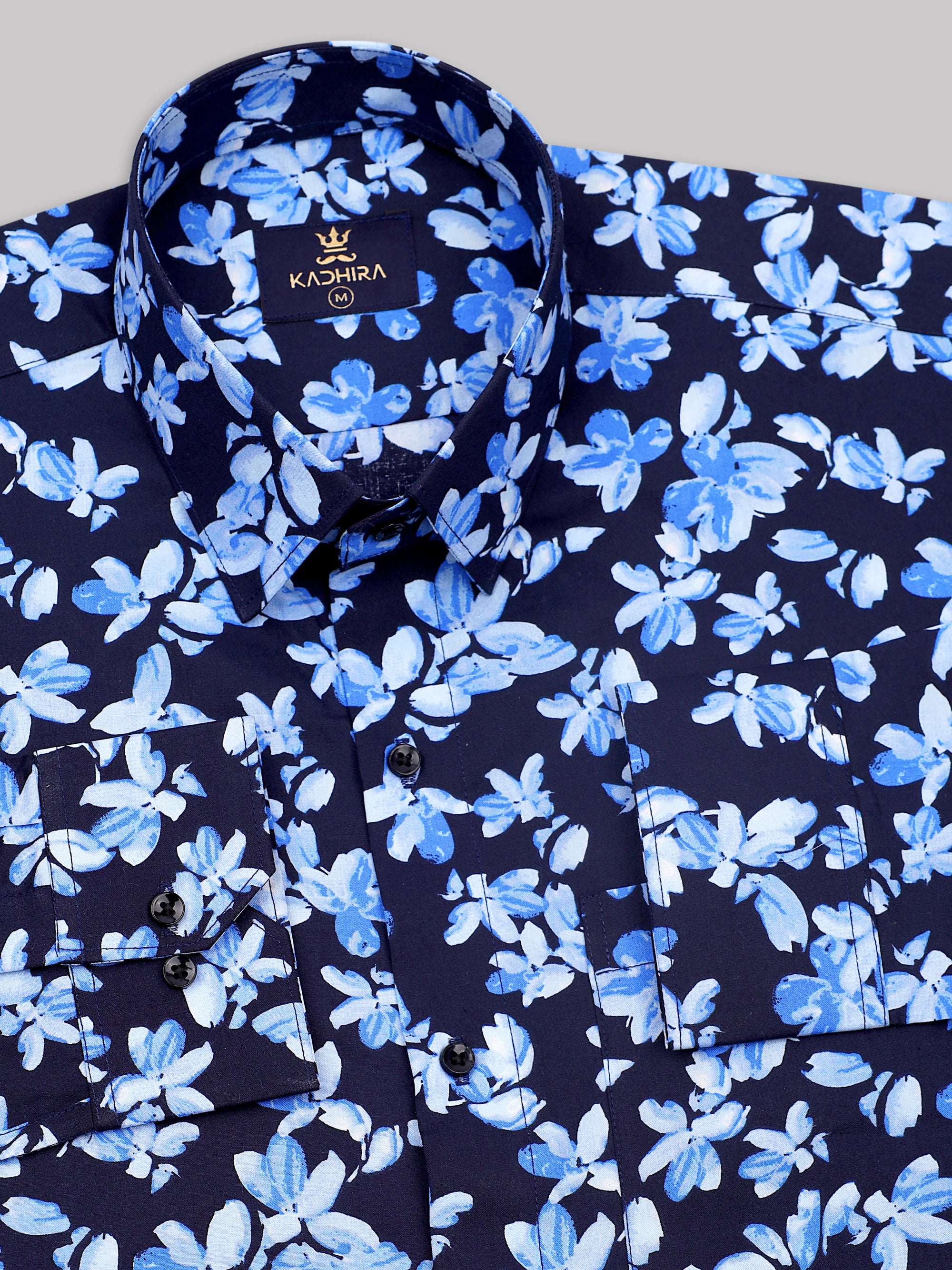 Navy Blue With White-Blue Flower Printed Premium Cotton Shirt