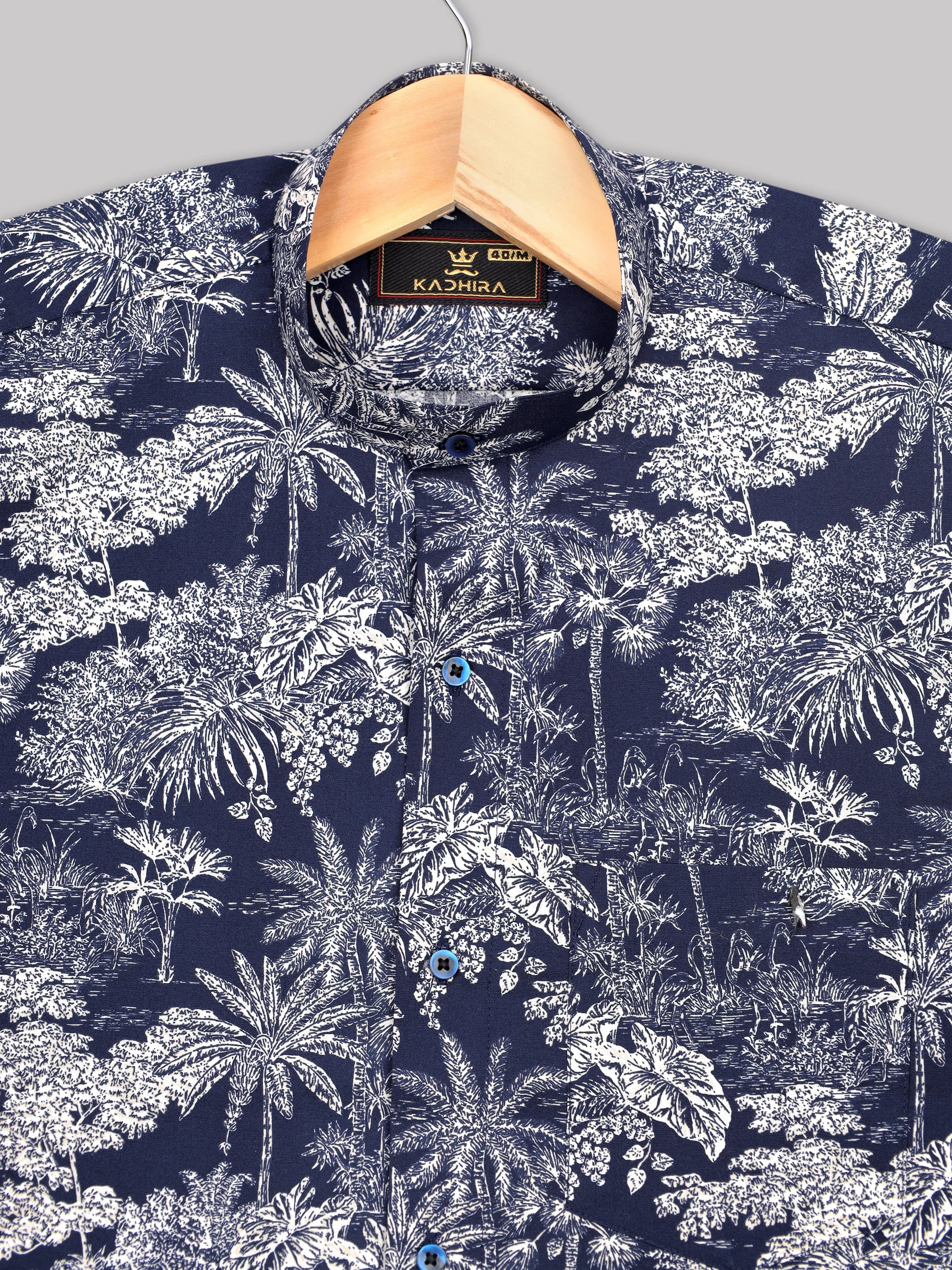 Navy Blue With White Coconut Tree Printed Premium Cotton Shirt