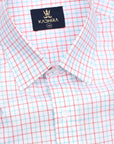 Bright Red With Sky Blue Tattersall Checks Premium White Cotton Shirt