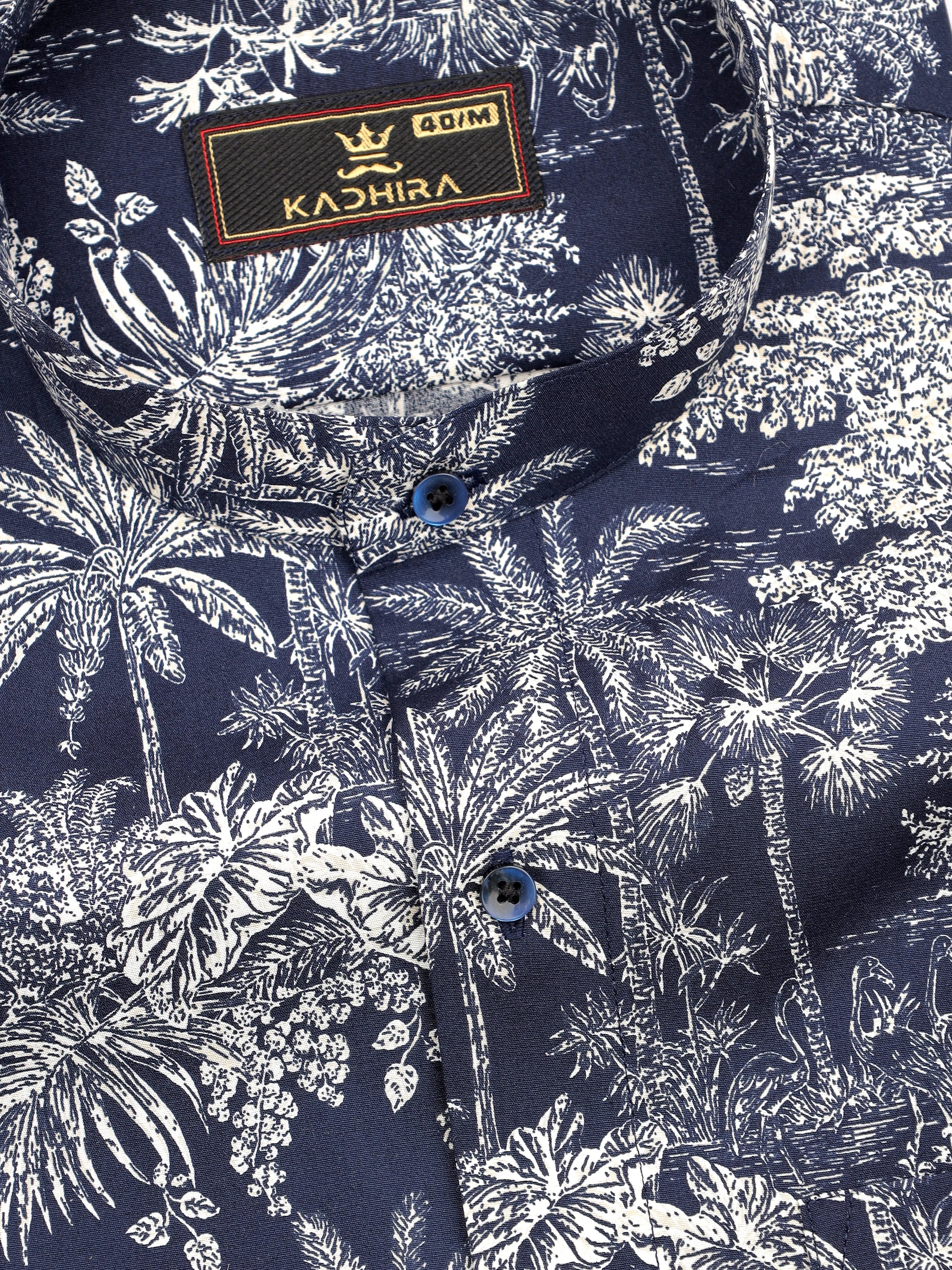 Navy Blue With White Coconut Tree Printed Premium Cotton Shirt