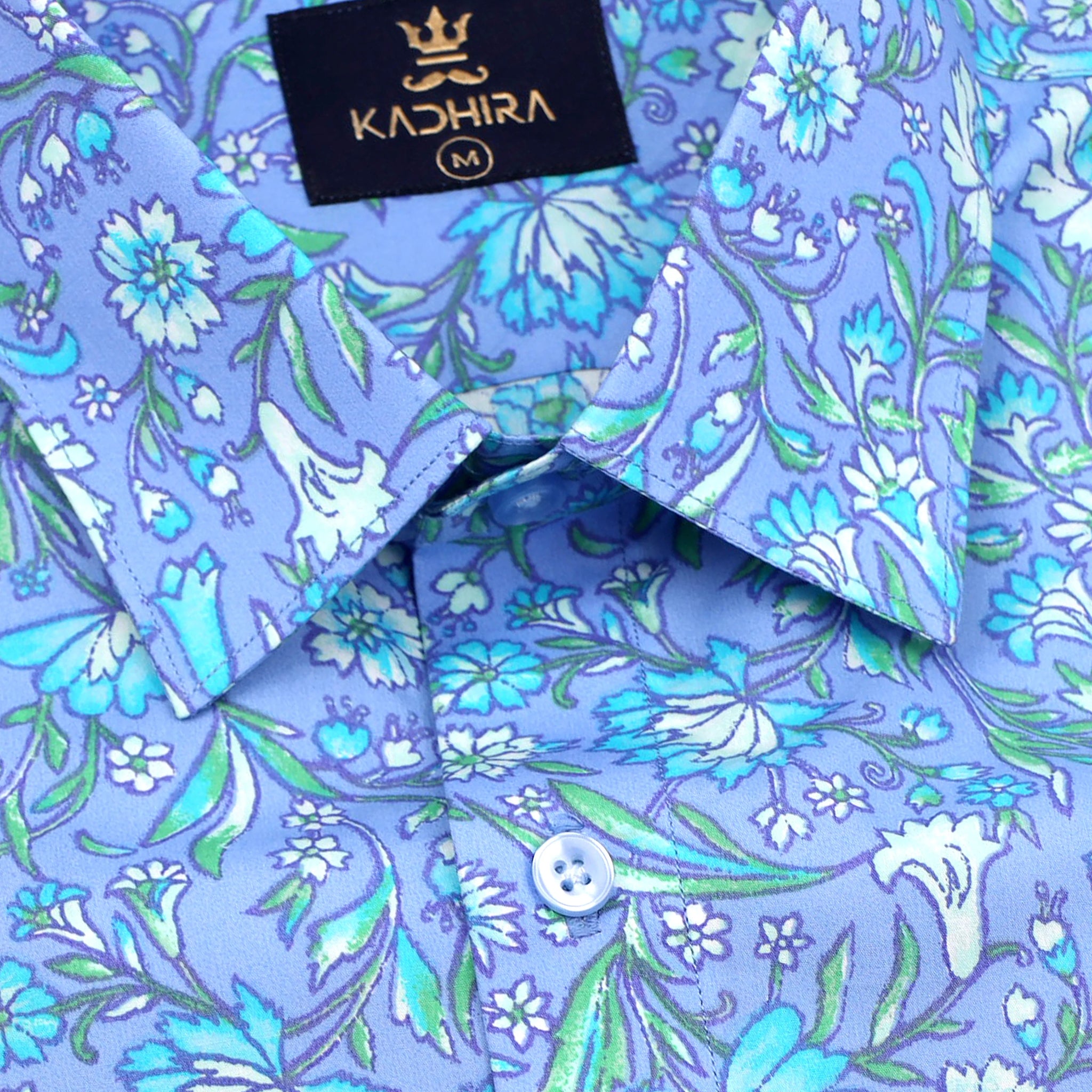 Periwinkle With Blue-White Flower Printed Premium Cotton Shirt