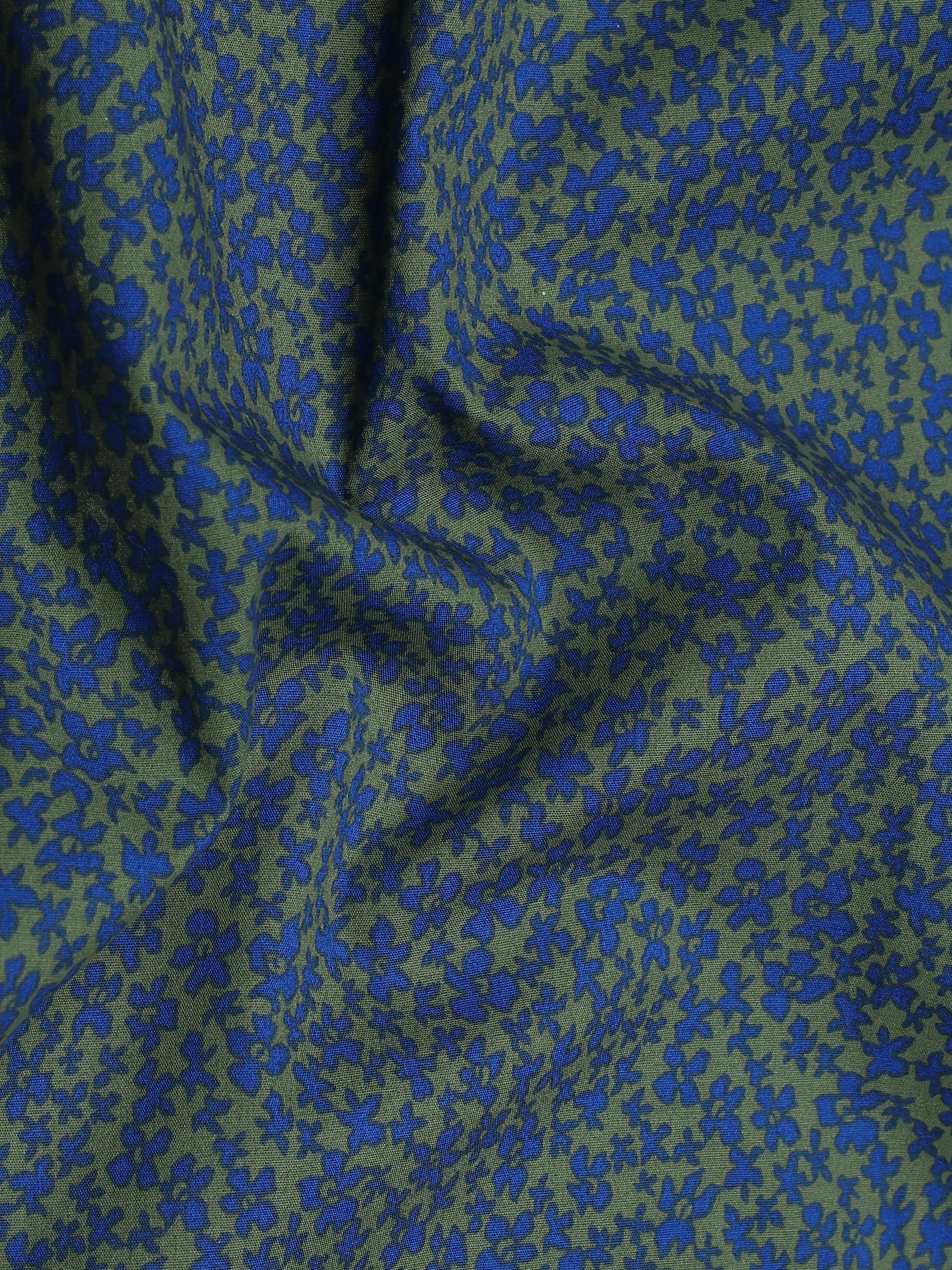 Asparagus Green With Small Cobalt blue Flower Printed Premium Cotton Shirt-[ONSALE]