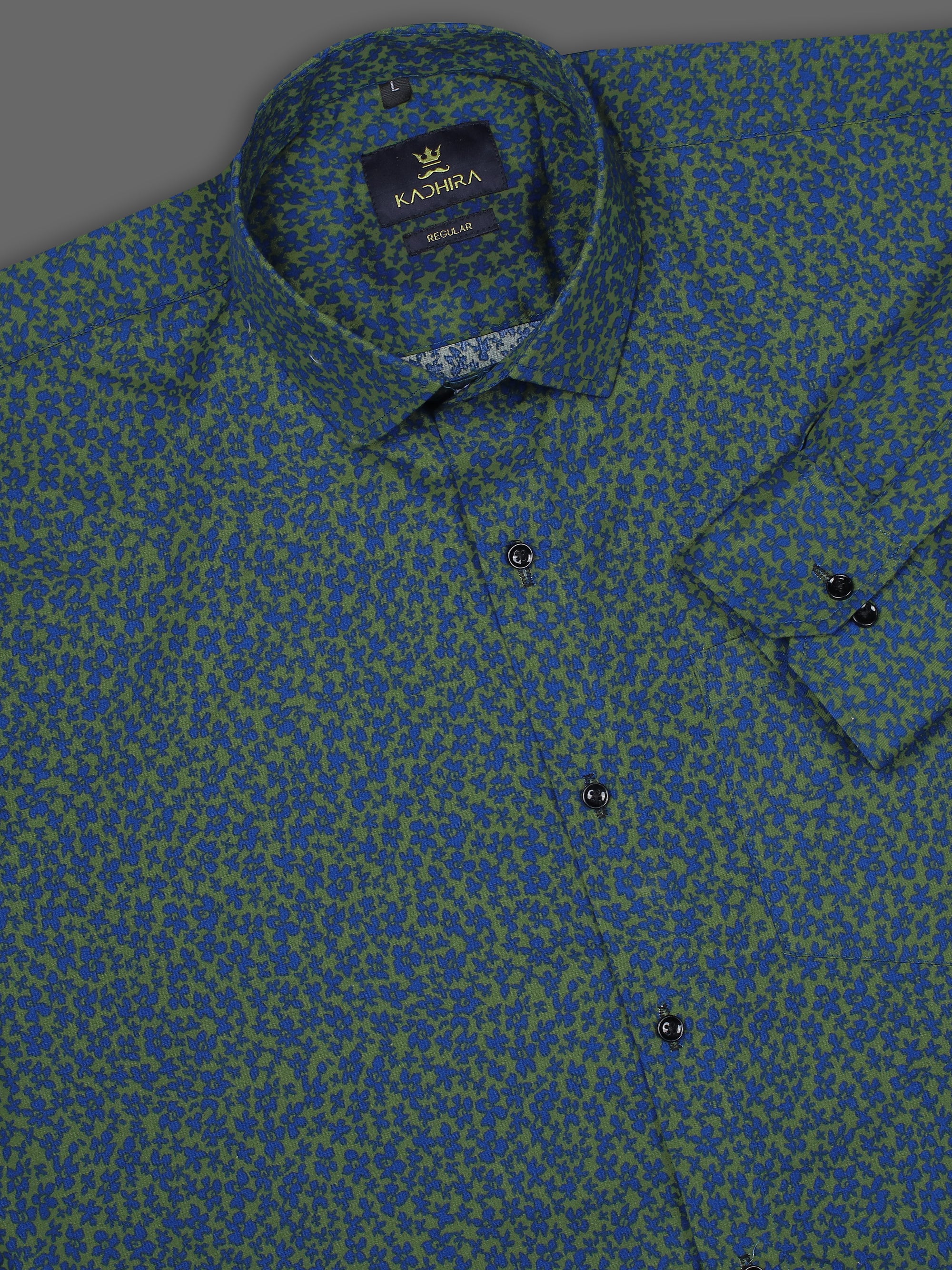 Asparagus Green With Small Cobalt blue Flower Printed Premium Cotton Shirt-[ONSALE]