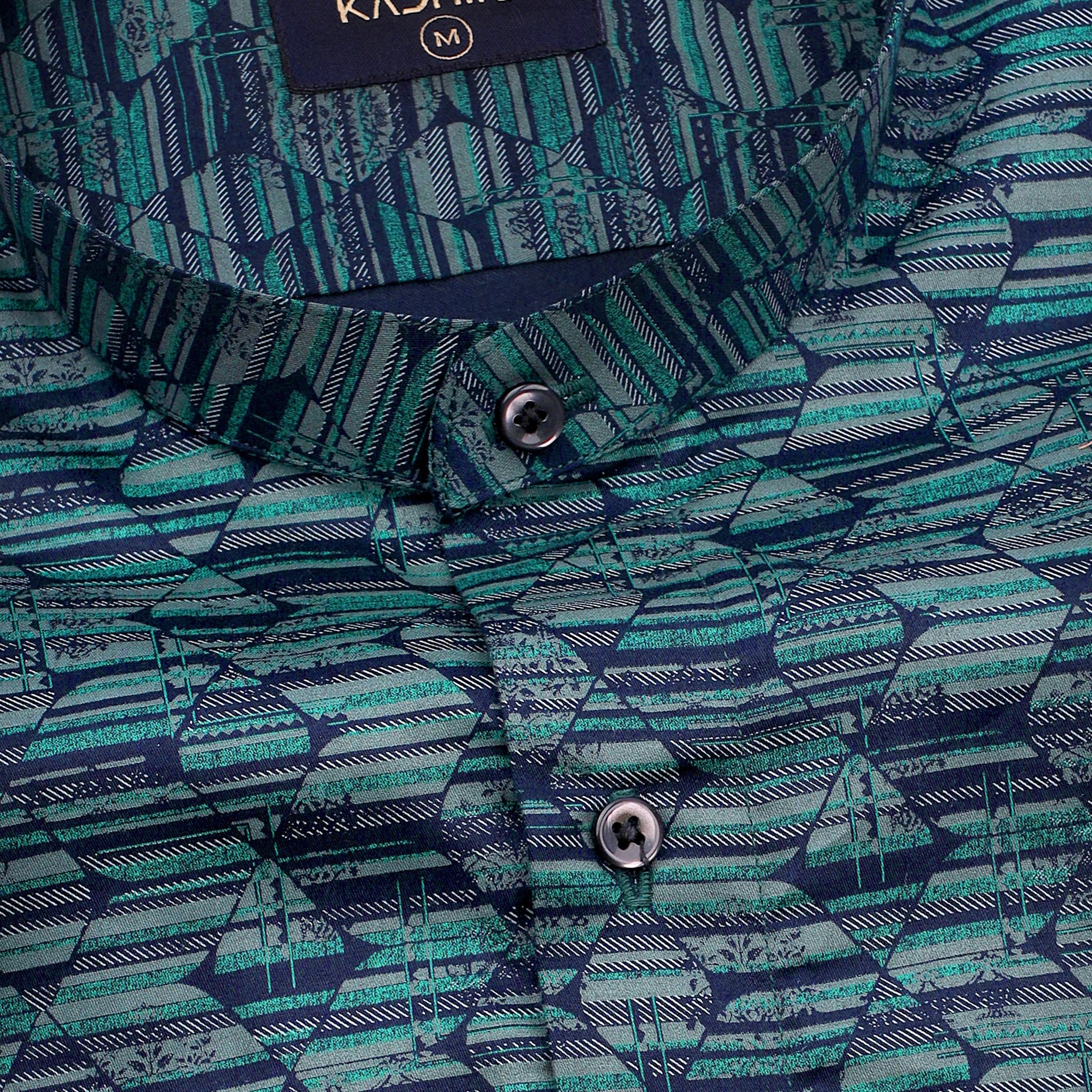 Indigo Dye Blue With Teal Green Rhombus Printed Premium Cotton Shirt
