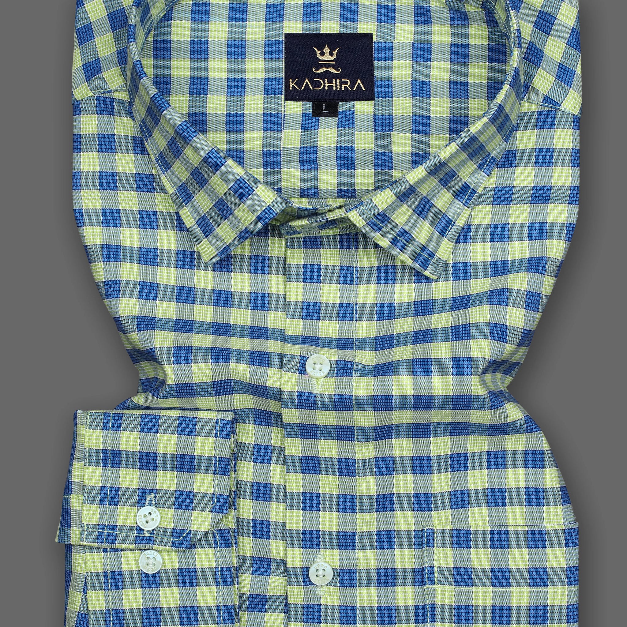Lime Green With Duck Blue Checkered Dobby Textured  Super Premium Cotton Shirt