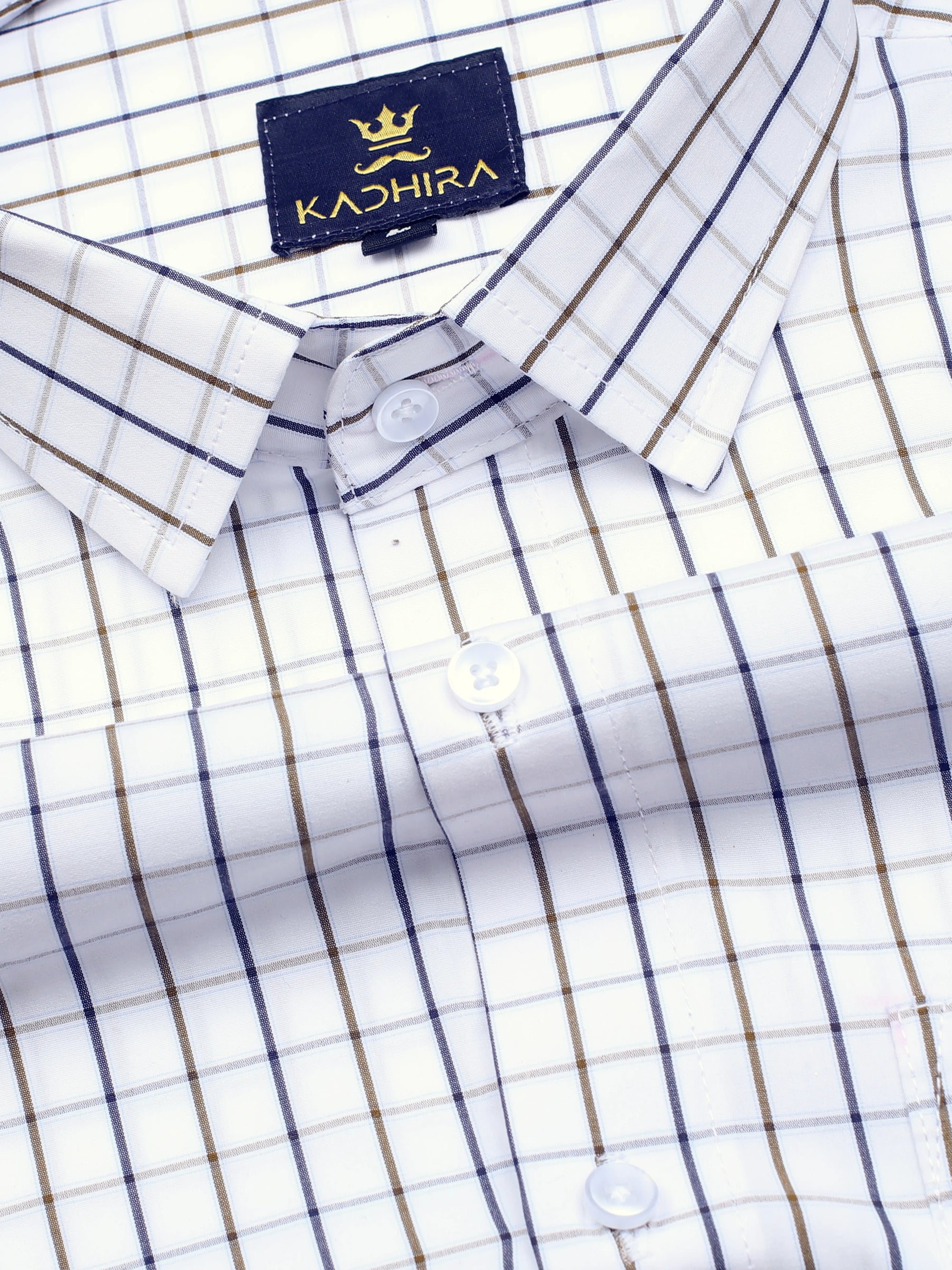 Pearl White With Brown-Blue Checkered  Premium Cotton Shirt-[ON SALE]