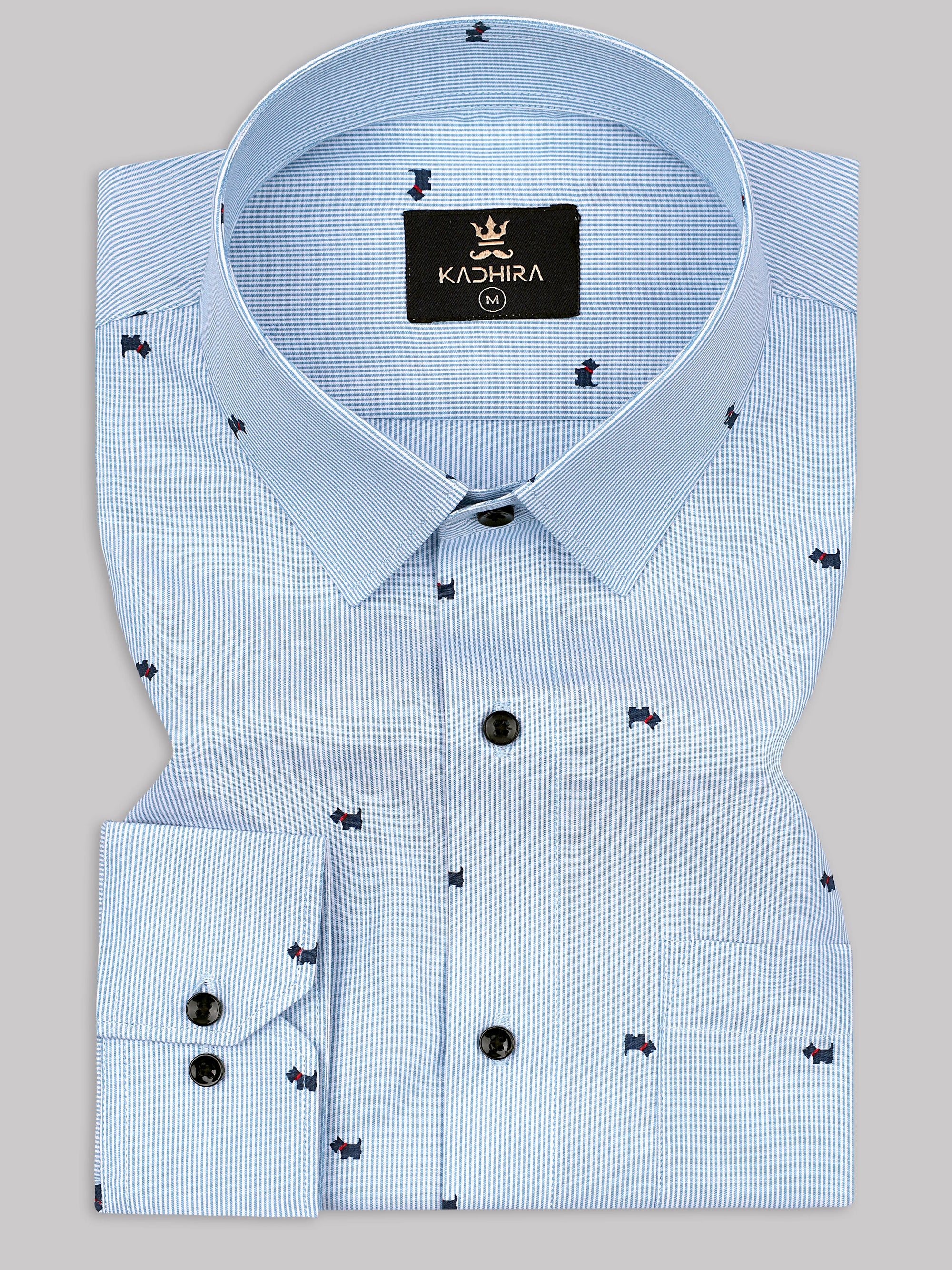 Aero Blue And White Stripe With Navy Dog Printed Premium Cotton Shirt