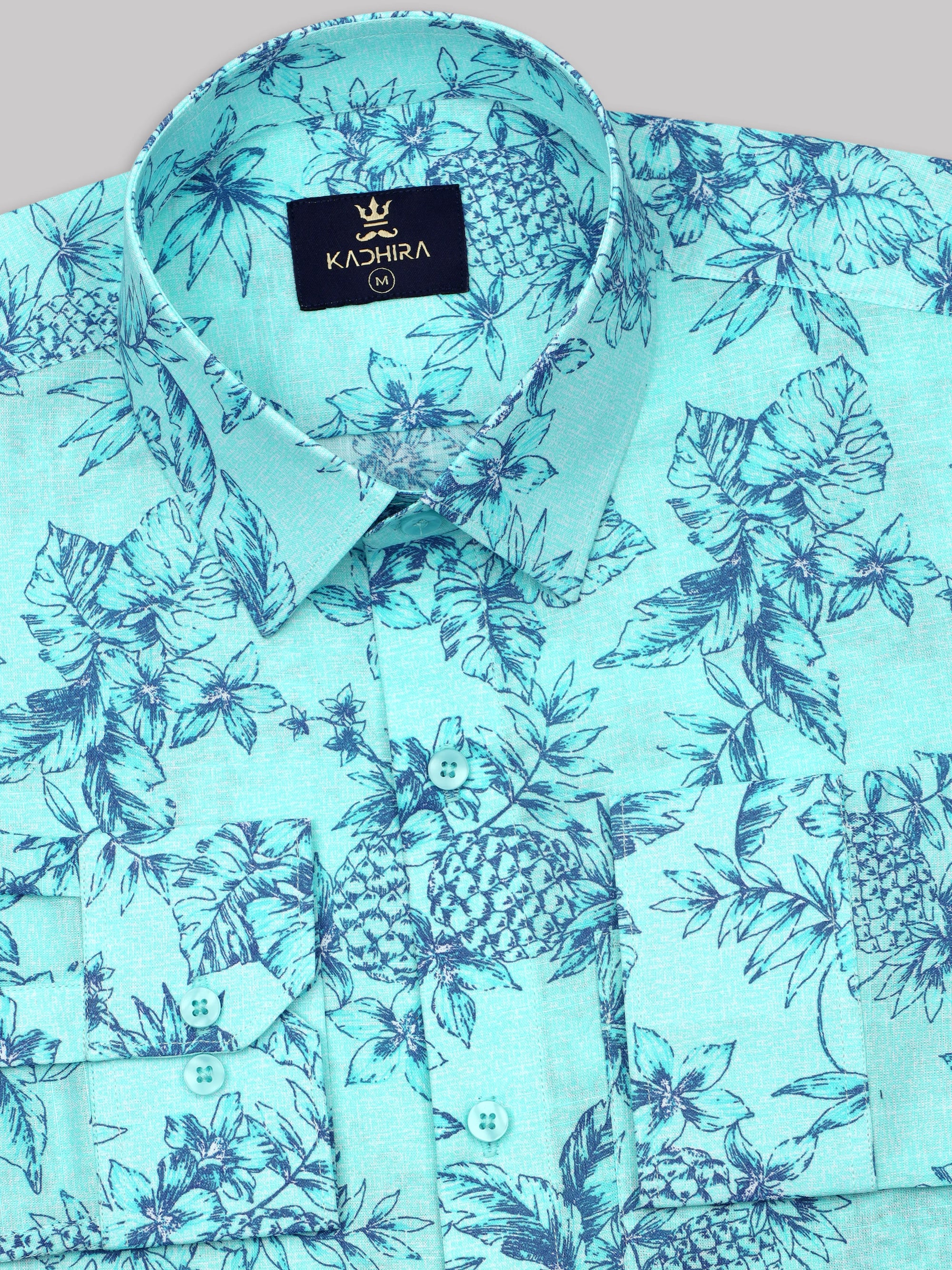 Tiffany Blue With Navy Blue Pineapple Printed Premium Cotton Shirt
