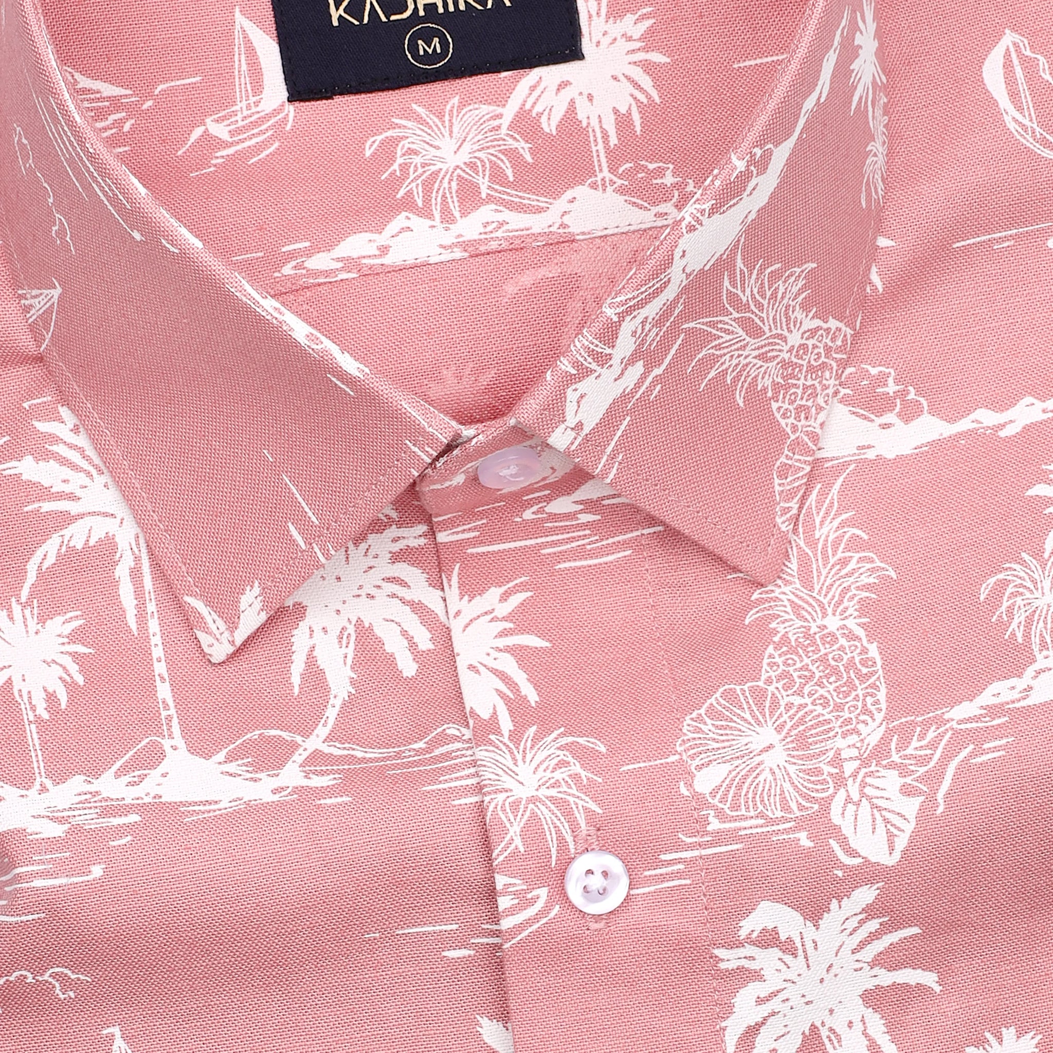 Tea Rose Pink Palm Tree Pineapple Printed Premium Cotton Shirt
