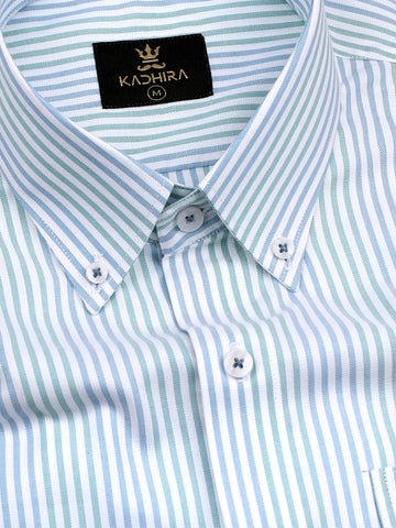 Bright White With Blue-Green Candy Stripes Super Premium Cotton Shirt