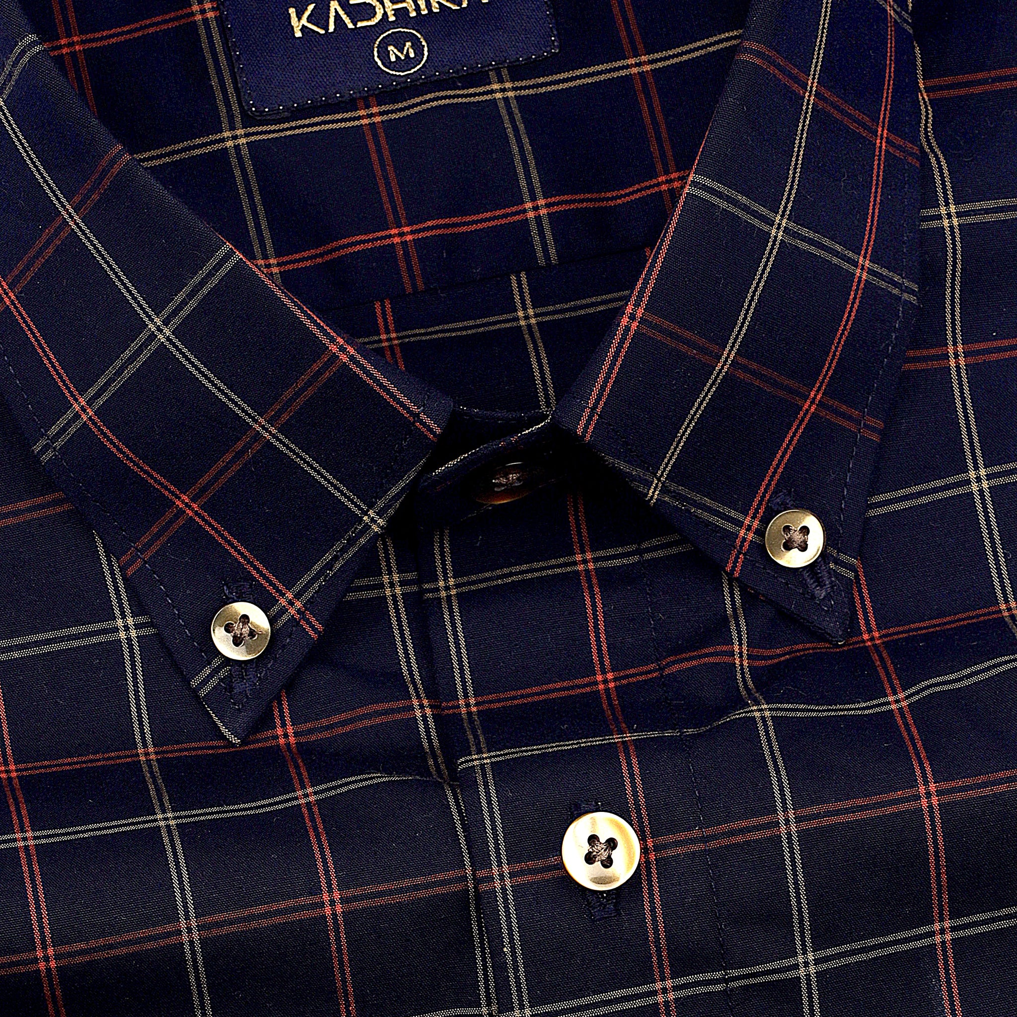 Navy Blue With Light Red-Yellow Dupplin Check Oxford Cotton Shirt