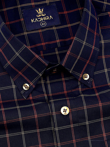 Navy Blue With Light Red-Yellow Dupplin Check Oxford Cotton Shirt