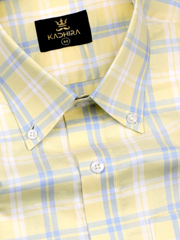 Pale Yellow With Light Blue-White Checkered Oxford Cotton Shirt