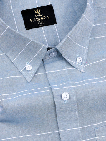 Ice Blue With White Horizontal Striped Oxford Cotton Shirt