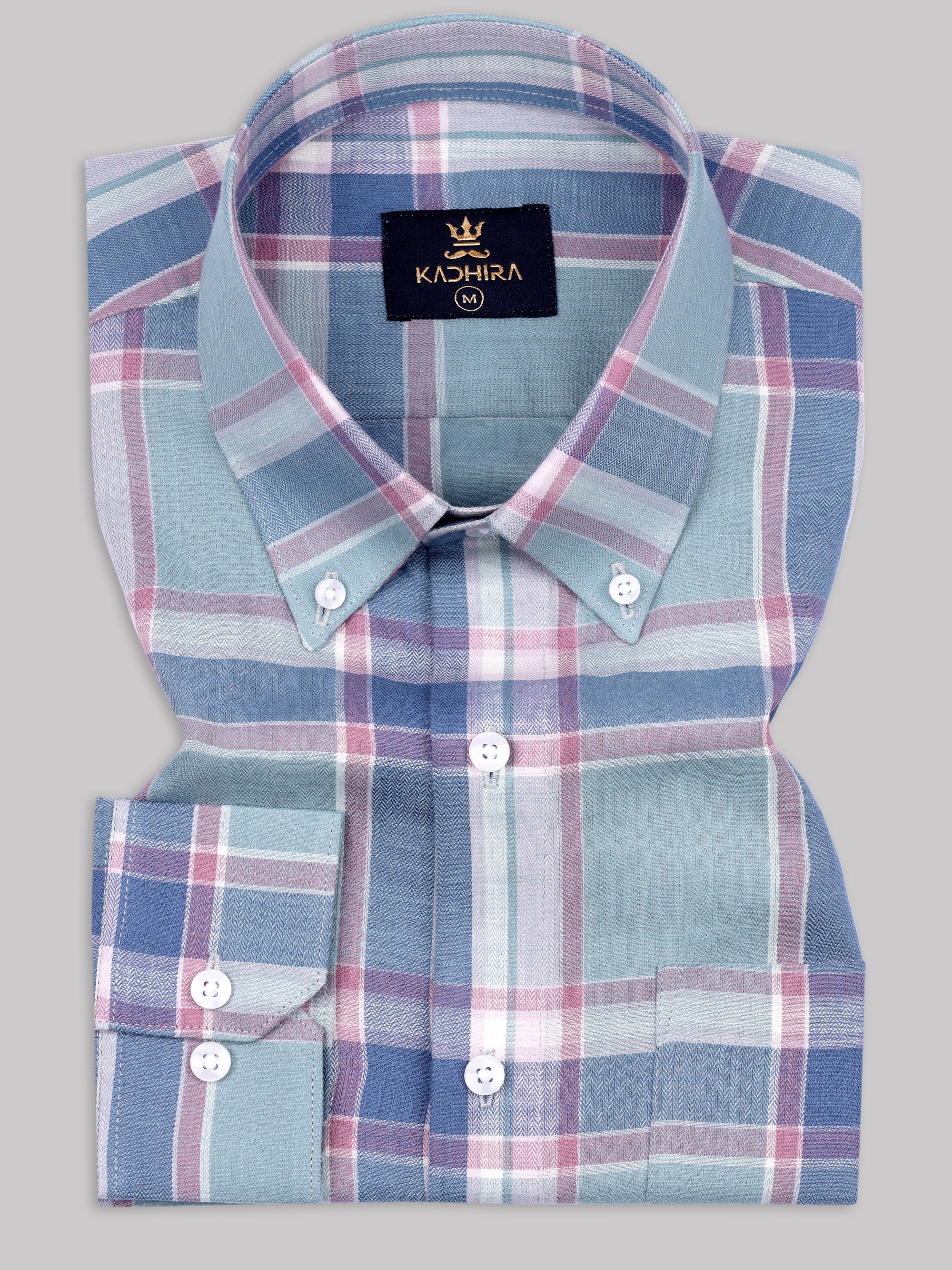 Light Teal With Pastel Marron-Blue Multishade Checkered Oxford Cotton Shirt