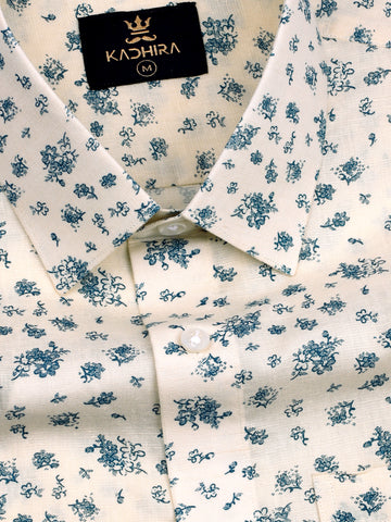 Pastel Cream With Teal Flower Printed Premium Cotton Shirt