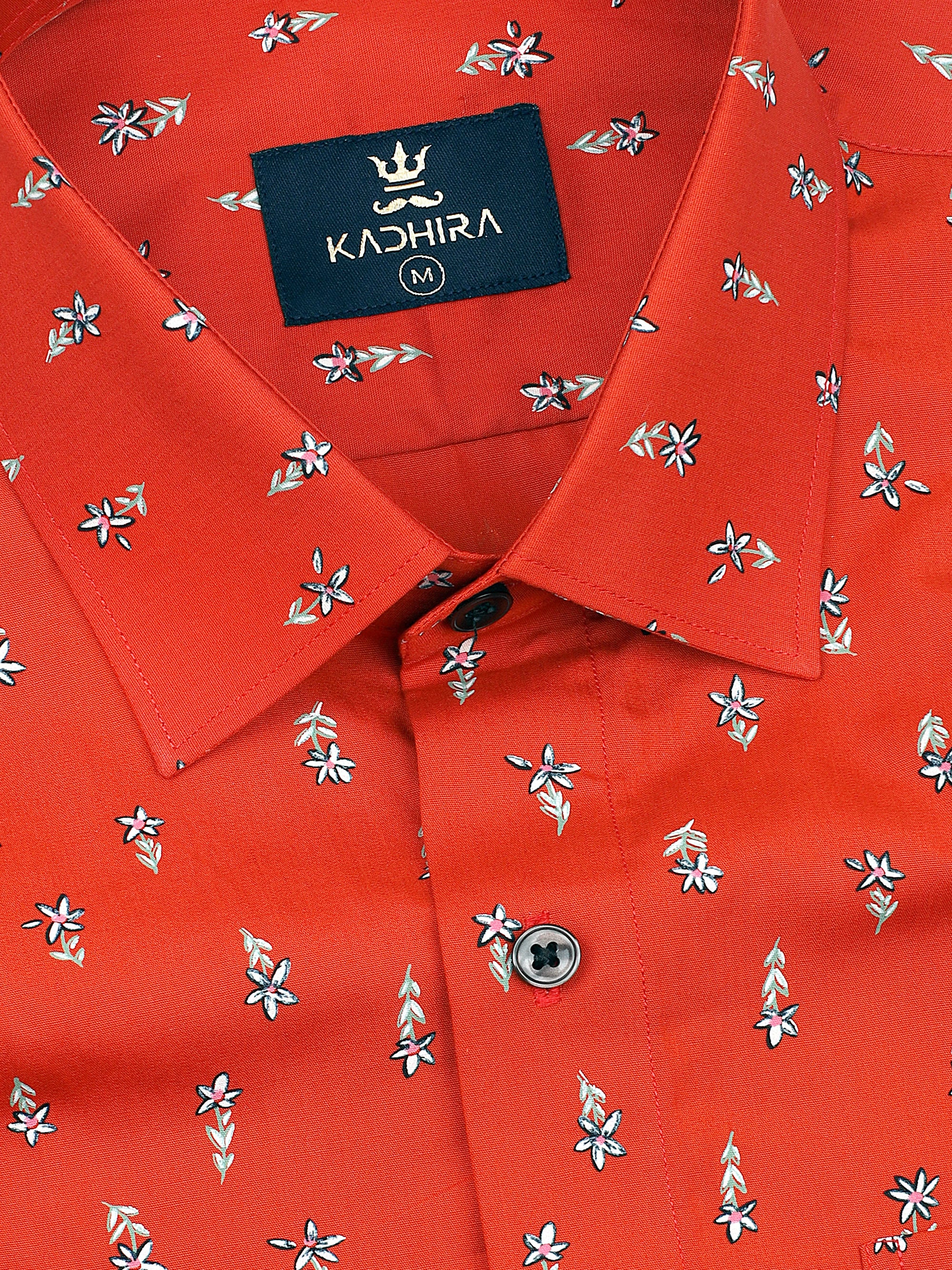 Scarlet Red With White Flower Printed Premium Cotton Shirt