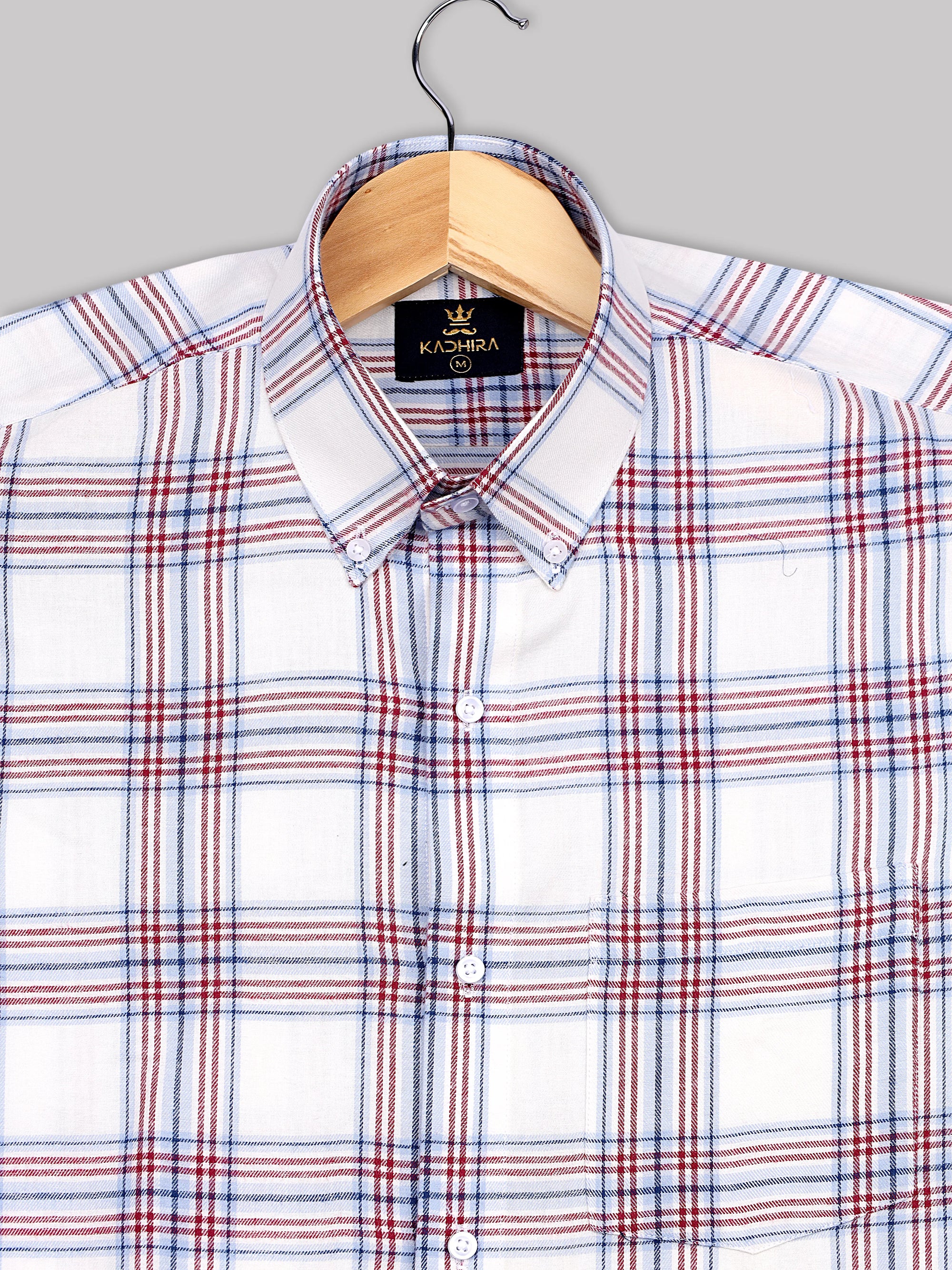 Pearl White With Blue-Red Checkered Oxford Cotton Shirt-[ON SALE]