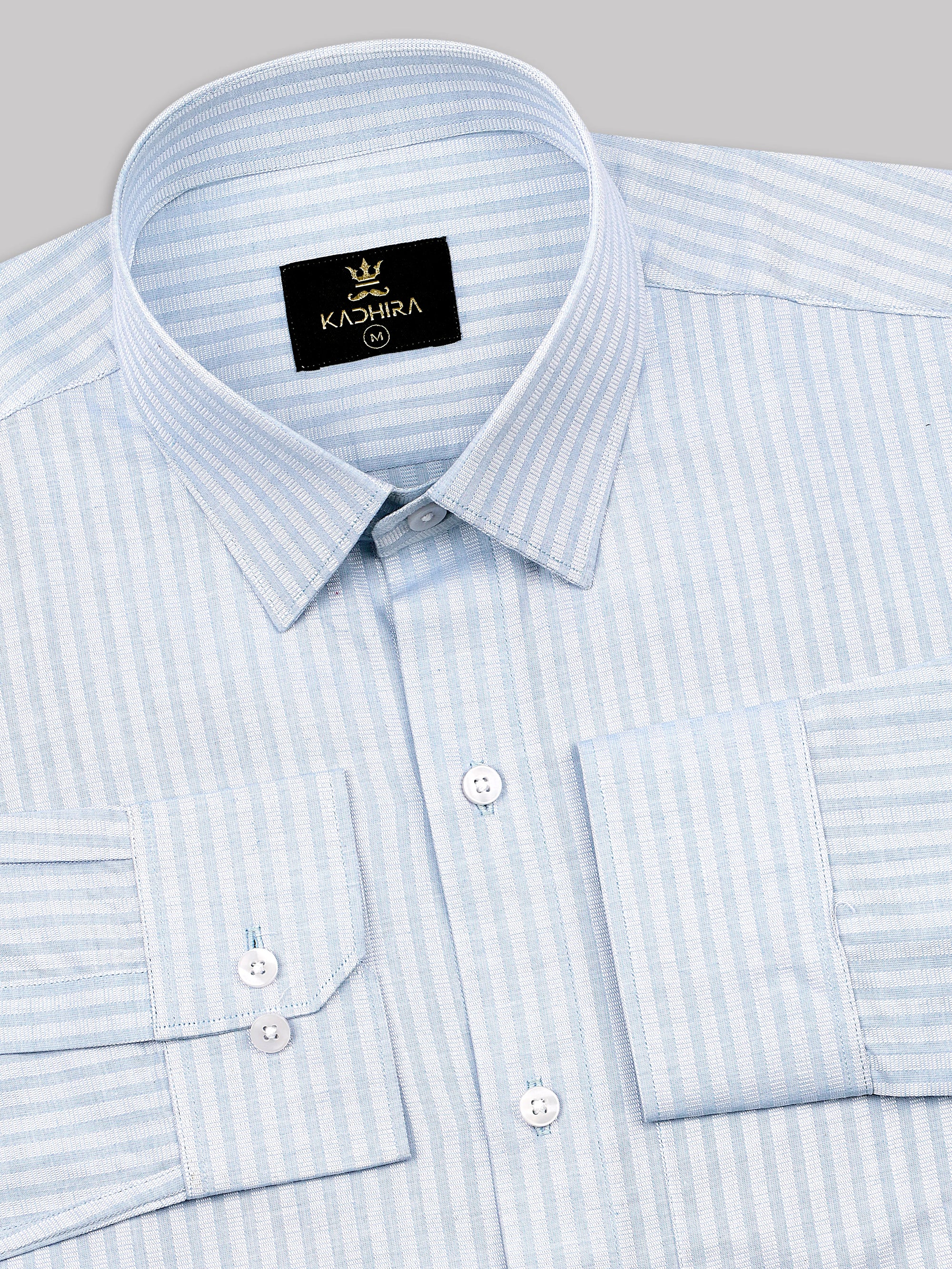 Powder Blue With White Bengal Striped Super Premium Cotton Shirt-[ON SALE]
