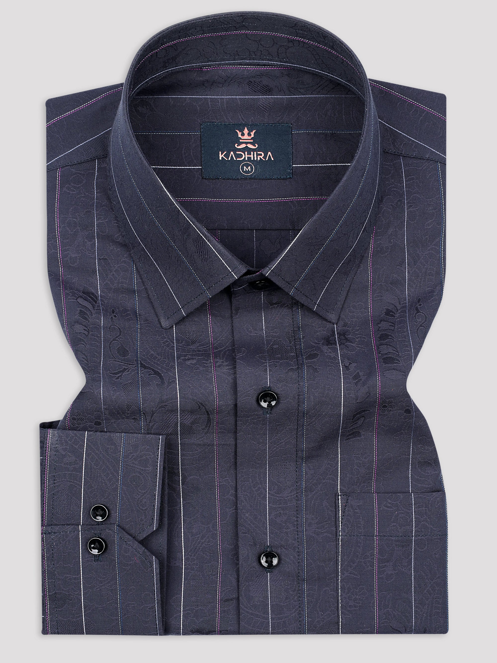 Oxford Blue With White Strips &amp; Paisley Texture Premium Cotton Shirt