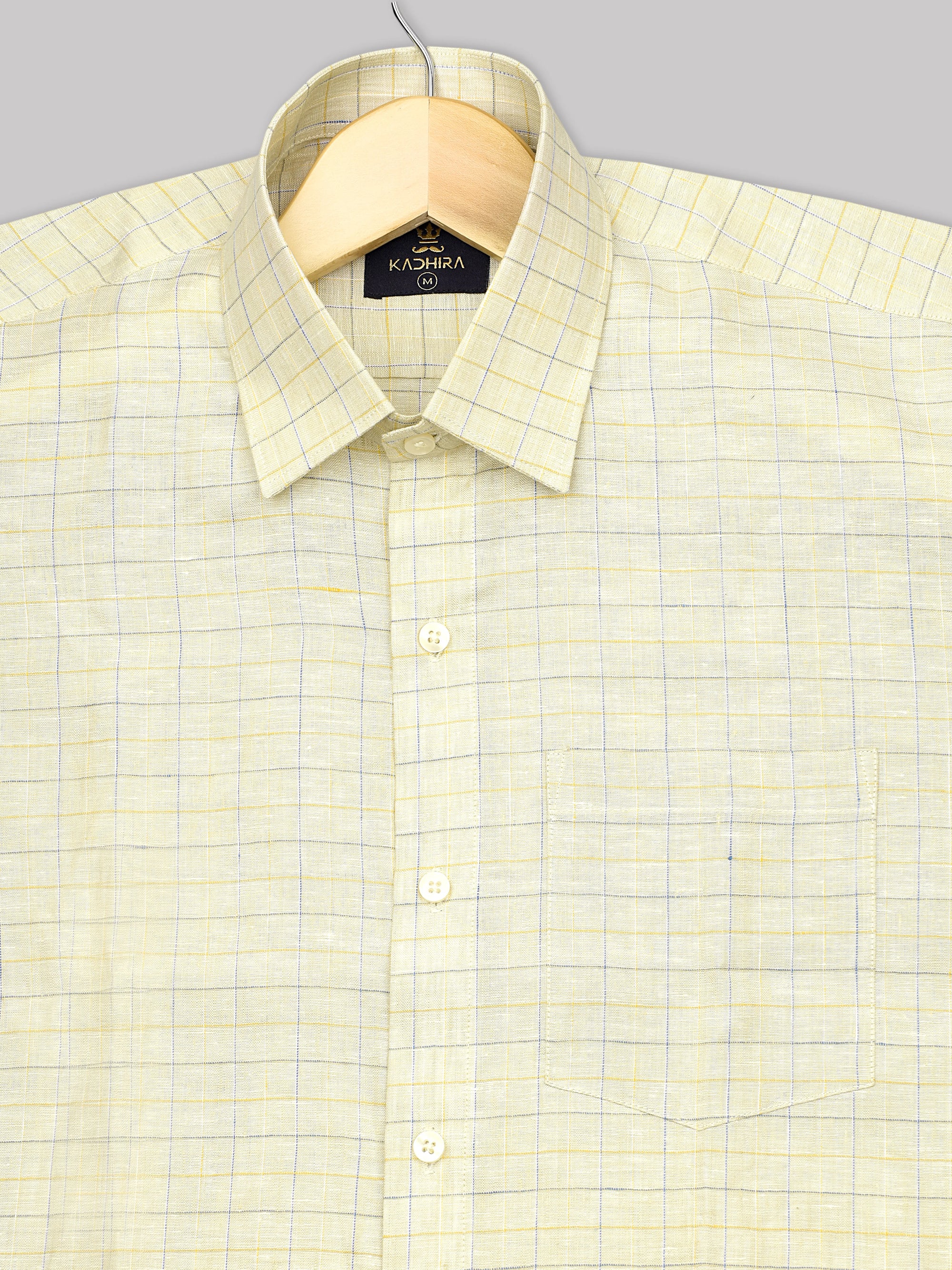 Pastel Cream With Blue-Yellow Checkered Pure Linen Shirt-[ON SALE]