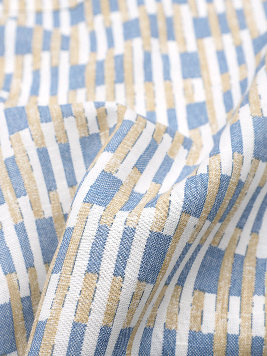 Linen White With Blue-Golden Brick Printed Linen Shirt