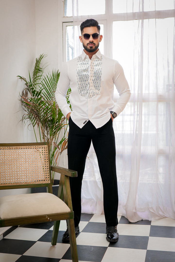 Bright White With Sequence Embroidered Textured Designer Shirt