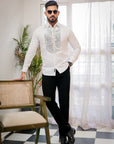 Bright White With Sequence Embroidered Textured Designer Shirt