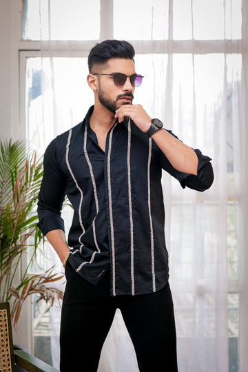 Eerie Black And White Stripe Embroidered Textured Designer Shirt