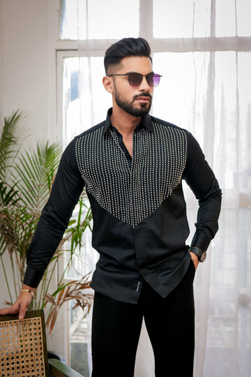 Sable Black With Moti Work Embroidered Textured Designer Shirt