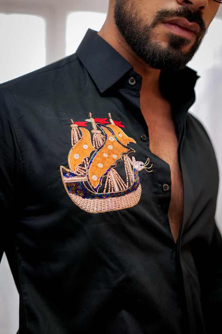 Super Black Boat Moti Work Embroidered Textured Designer Shirt