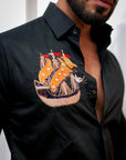 Super Black Boat Moti Work Embroidered Textured Designer Shirt