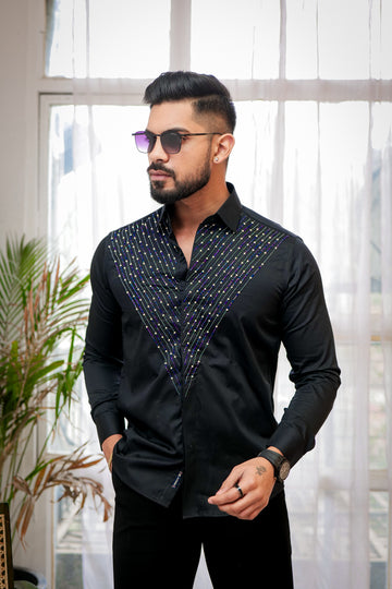 Metal Black With Colorful Moti Work Embroidered Textured Designer Shirt
