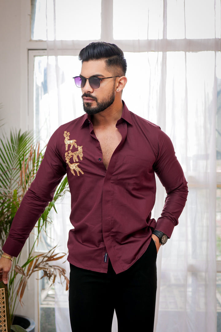 Maroon With Deer Sequence Embroidered Textured Designer Shirt