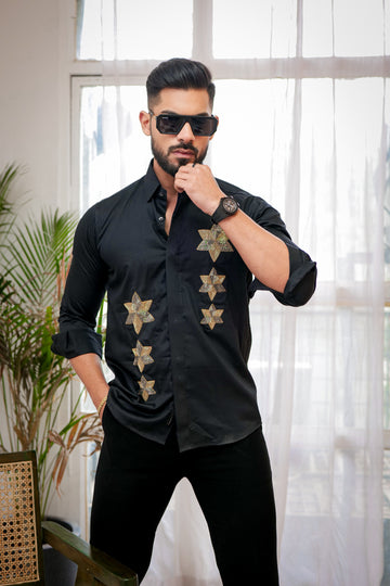Jet Black Star Embroidered Textured Designer Shirt
