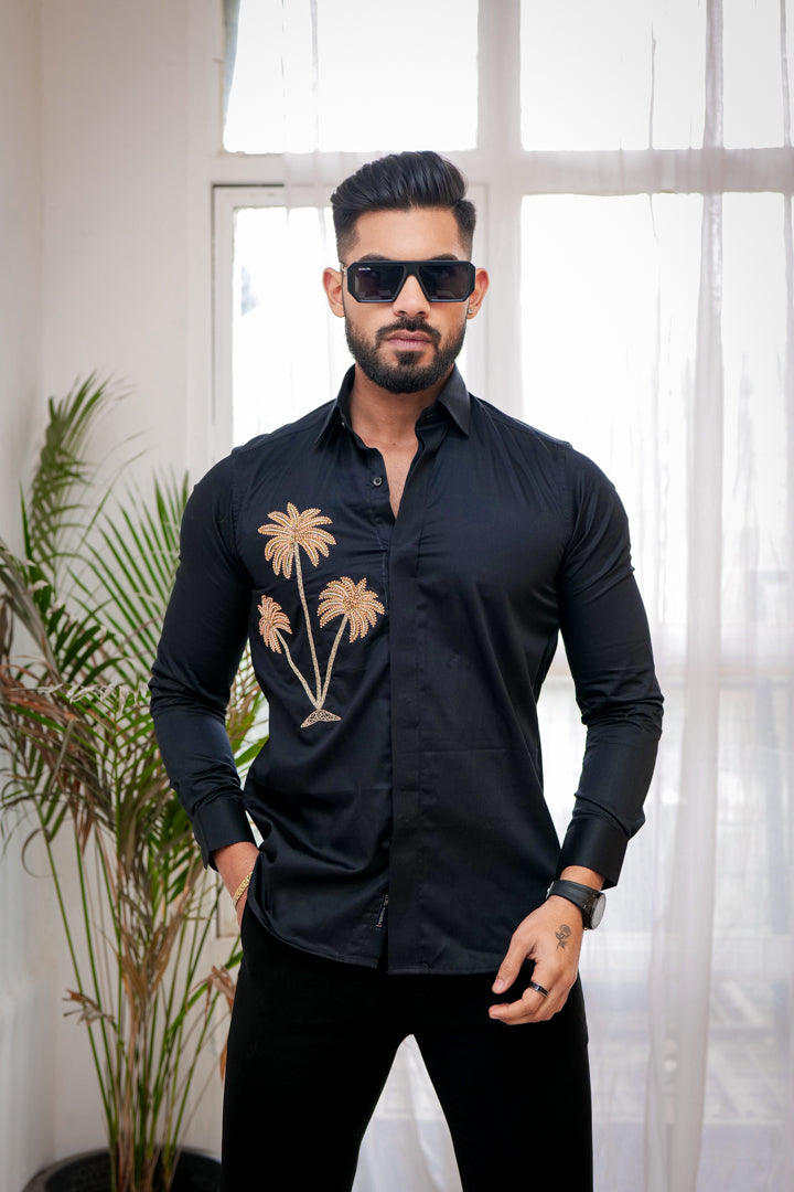Super Black Coconut Tree Embroidered Textured Designer Shirt