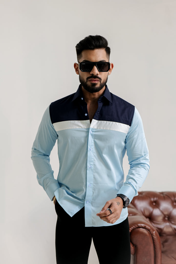 Cloudy Blue With Navy Blue -White Egyptian Designer Shirt