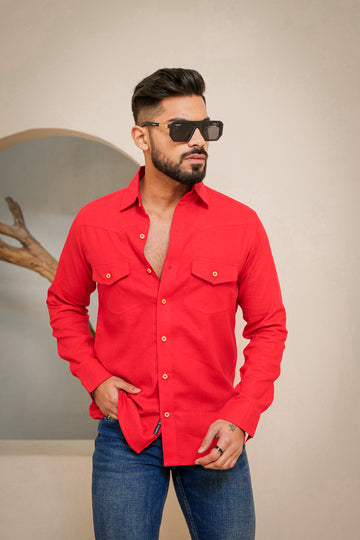 Linen Cotton Double Pocket Designer Shirt- Red
