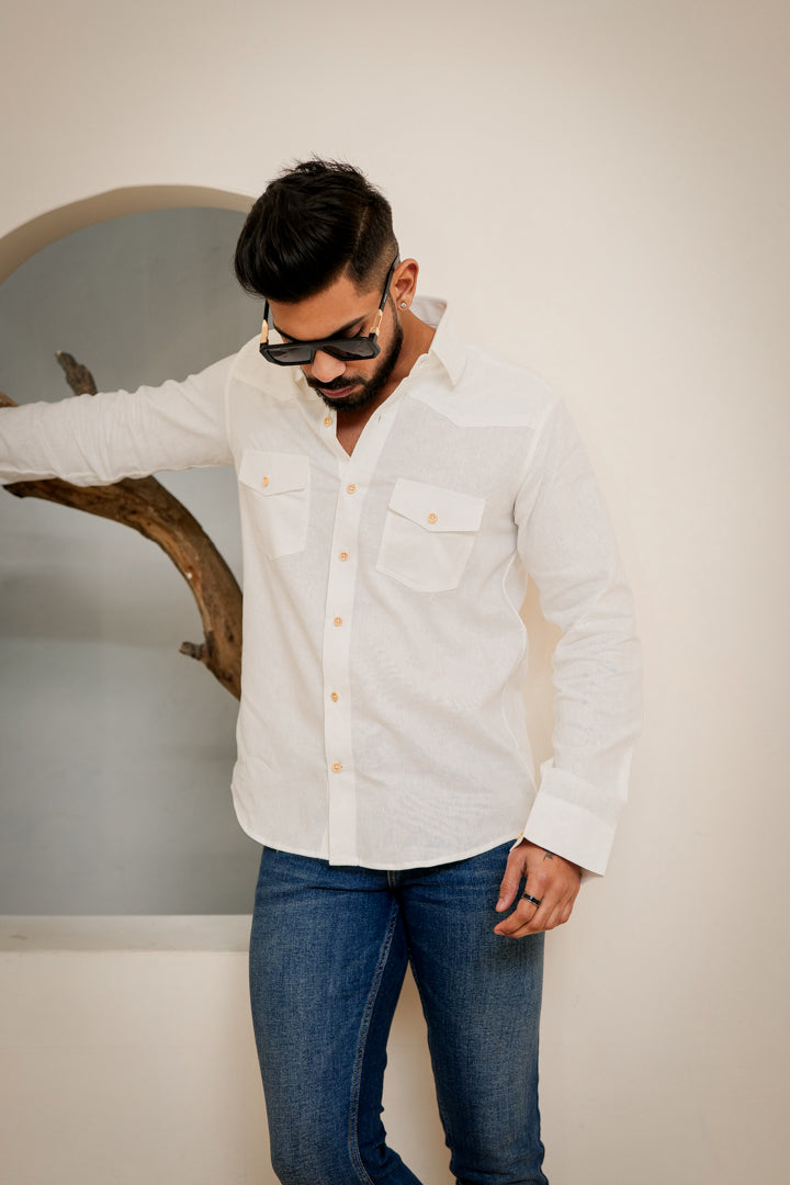 Linen Cotton Double Pocket Designer Shirt-White