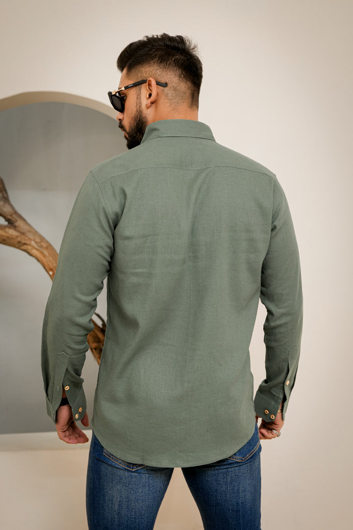 Linen Cotton Double Pocket Designer Shirt-Laurel Green