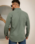 Linen Cotton Double Pocket Designer Shirt-Laurel Green