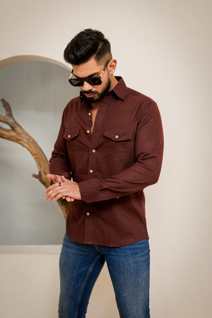 Linen Cotton Double Pocket Designer Shirt-Brown Rust