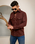 Linen Cotton Double Pocket Designer Shirt-Brown Rust